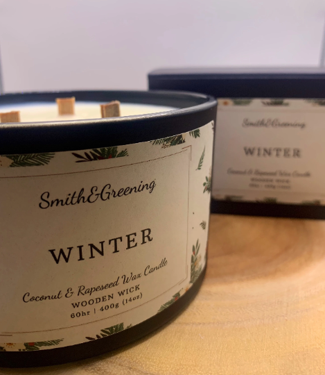 Winter Coconut Wax Candle. Hand poured, vegan candle with a choice of wooden or cotton wick.