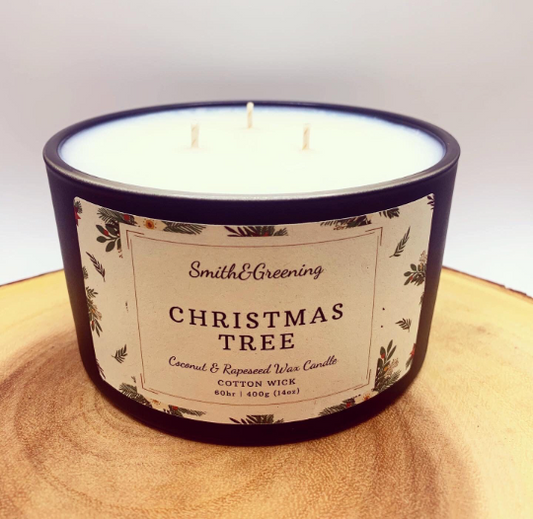 Christmas Tree Coconut Wax Candle. Hand poured, vegan candle with a choice of wooden or cotton wick